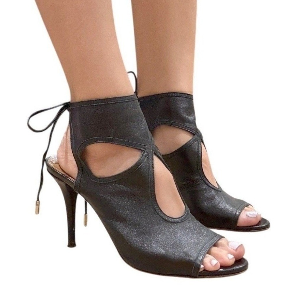 Aquazzura Sexy Thing Black Leather Cutout Sandal Heels 37 US 7 ITALY Date Night